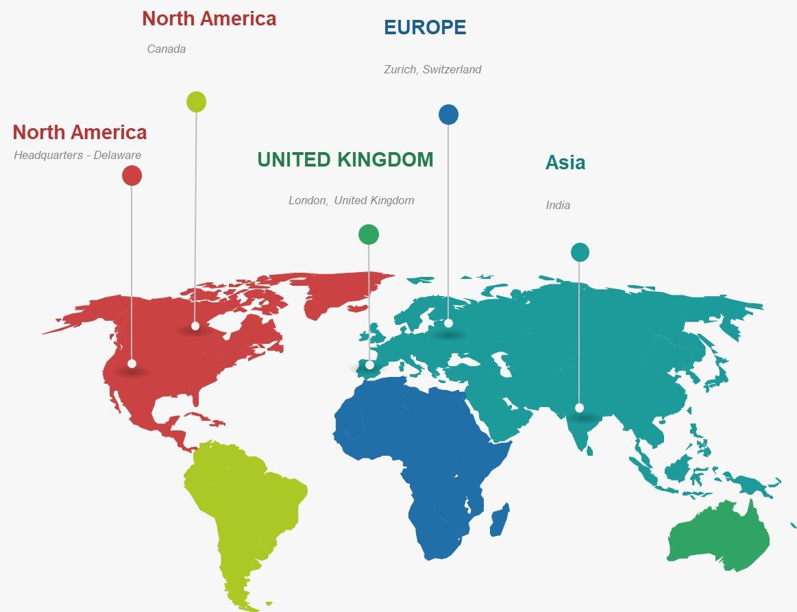 Worldwide Locations Map showing OpEx360AI offices across North America (Canada, Delaware), Europe (Switzerland), United Kingdom (London), and Asia (India)